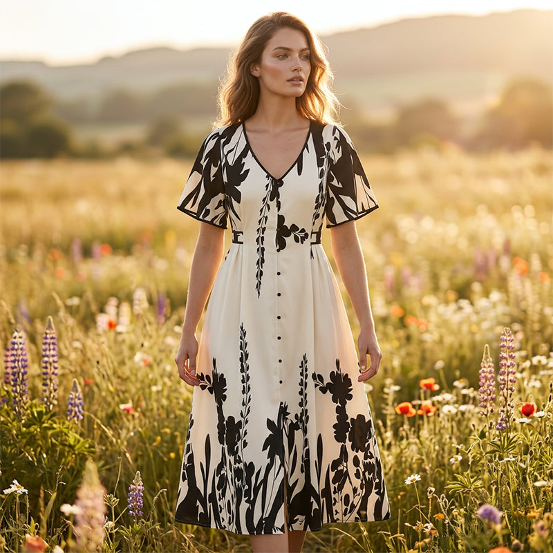 👗 56% RABATT! 🌿 Elegantes Botanisch Bedrucktes V-Ausschnitt-Midikleid – Leicht, Vielseitig & Perfekt Für Jeden Anlass 🌸