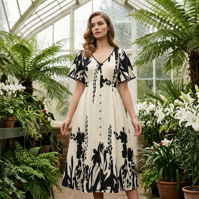 👗 56% RABATT! 🌿 Elegantes Botanisch Bedrucktes V-Ausschnitt-Midikleid – Leicht, Vielseitig & Perfekt Für Jeden Anlass 🌸