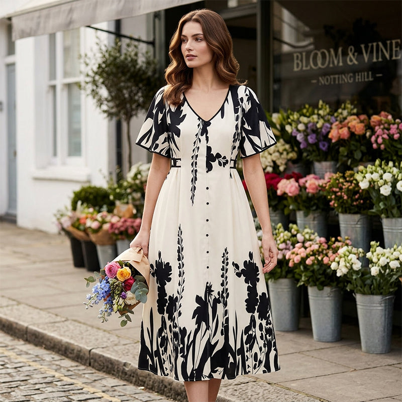 👗 56% RABATT! 🌿 Elegantes Botanisch Bedrucktes V-Ausschnitt-Midikleid – Leicht, Vielseitig & Perfekt Für Jeden Anlass 🌸