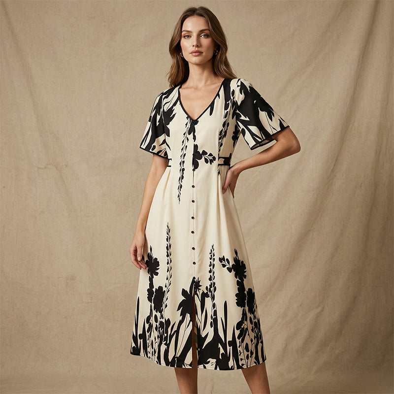 👗 56% RABATT! 🌿 Elegantes Botanisch Bedrucktes V-Ausschnitt-Midikleid – Leicht, Vielseitig & Perfekt Für Jeden Anlass 🌸