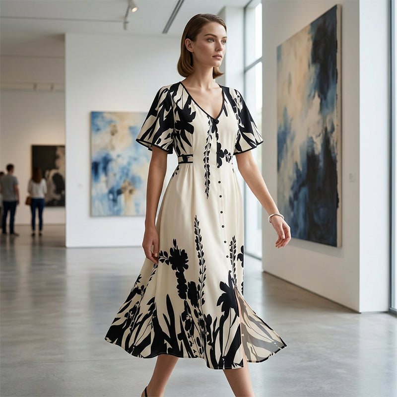 👗 56% RABATT! 🌿 Elegantes Botanisch Bedrucktes V-Ausschnitt-Midikleid – Leicht, Vielseitig & Perfekt Für Jeden Anlass 🌸