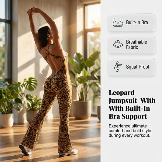 🔥Neuheit 2026🔥 Trainings-Jumpsuit für Damen mit Leopardenmuster und integriertem BH