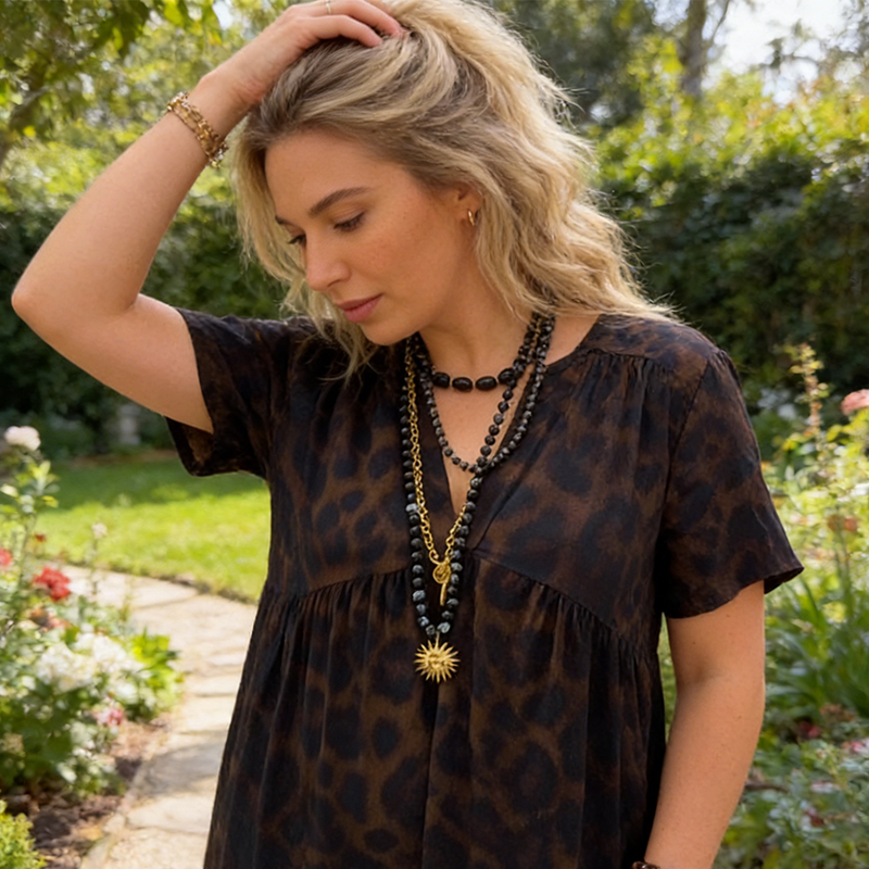 💞Neuankunft 47% Rabatt👗Damen V-Ausschnitt Leopard Druck Maxi Kleid mit kostenloser Halskette📿💎