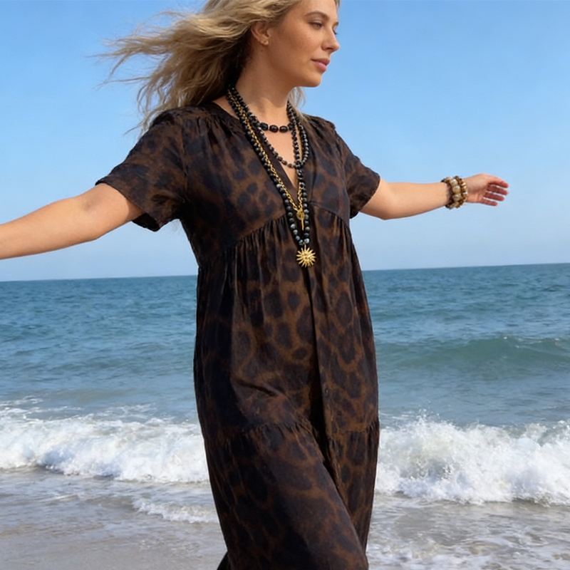 💞Neuankunft 47% Rabatt👗Damen V-Ausschnitt Leopard Druck Maxi Kleid mit kostenloser Halskette📿💎