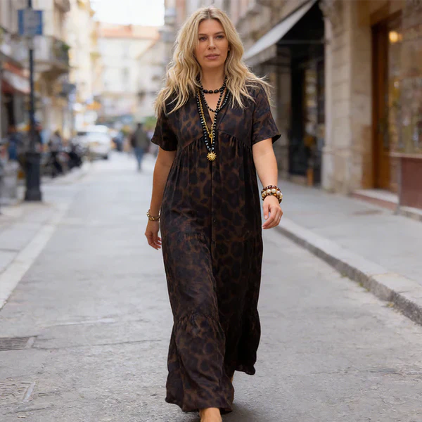 💞Neuankunft 47% Rabatt👗Damen V-Ausschnitt Leopard Druck Maxi Kleid mit kostenloser Halskette📿💎