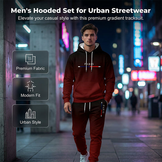 Sportswear-Set mit Schwarz-Rot/Schwarz-Blau Farbverlauf 🔥 Komplett mit Hoodie & Hose — Mit Kängurutasche und Kordelzug am Bund. Perfekt für das Gym und die Straße! 💪