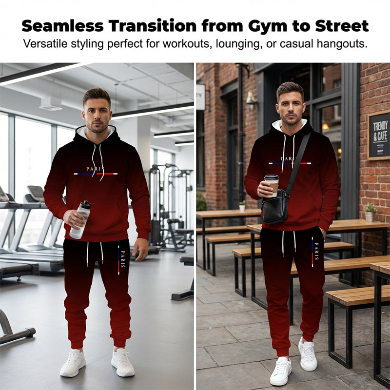 Sportswear-Set mit Schwarz-Rot/Schwarz-Blau Farbverlauf 🔥 Komplett mit Hoodie & Hose — Mit Kängurutasche und Kordelzug am Bund. Perfekt für das Gym und die Straße! 💪