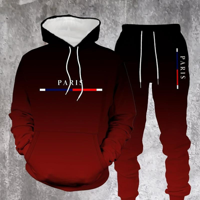 Sportswear-Set mit Schwarz-Rot/Schwarz-Blau Farbverlauf 🔥 Komplett mit Hoodie & Hose — Mit Kängurutasche und Kordelzug am Bund. Perfekt für das Gym und die Straße! 💪