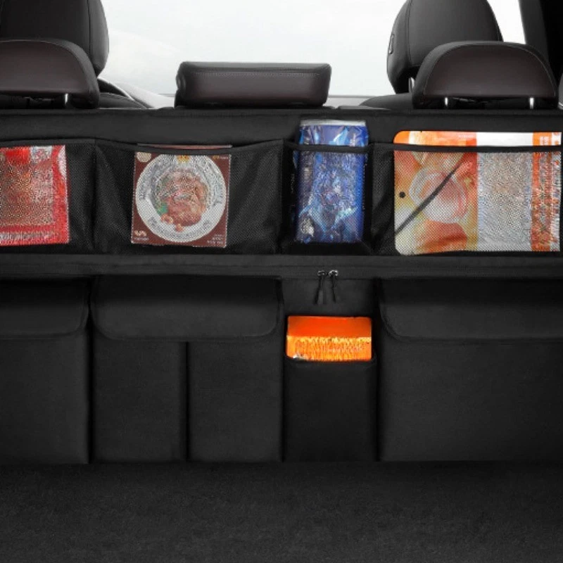 🛍️ 50 % Rabatt – Vielseitiger Kofferraum-Organizer mit Netzfächern – hängend, robust & praktisch für Auto, SUV & Familie 🚗