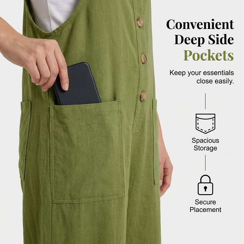 👖Lässige Damen-Latzhose mit Knopfleiste – Verstellbare Träger, atmungsaktives Material & bequeme Passform ✨