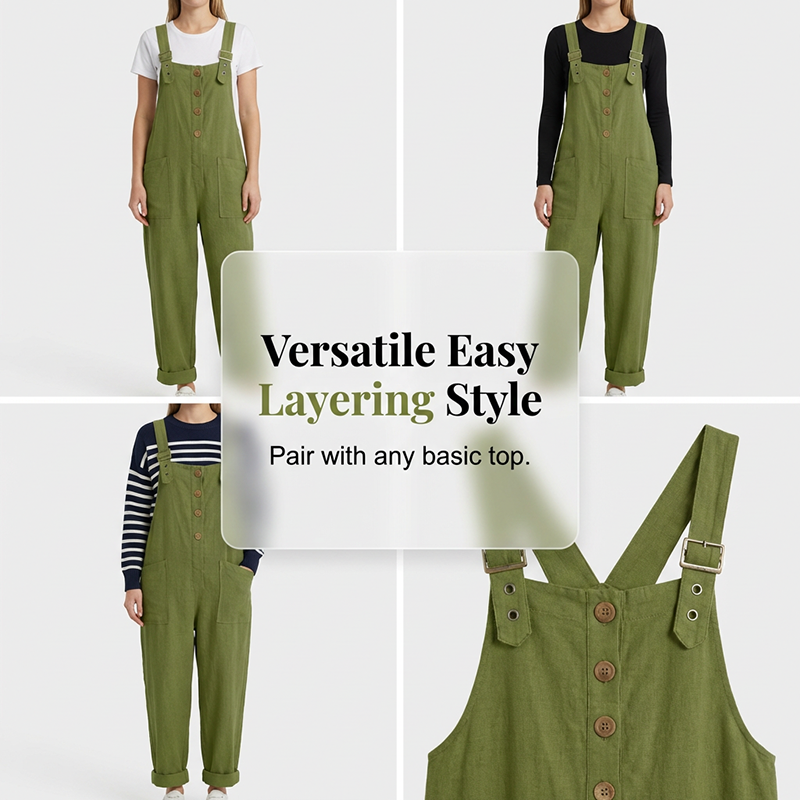 👖Lässige Damen-Latzhose mit Knopfleiste – Verstellbare Träger, atmungsaktives Material & bequeme Passform ✨