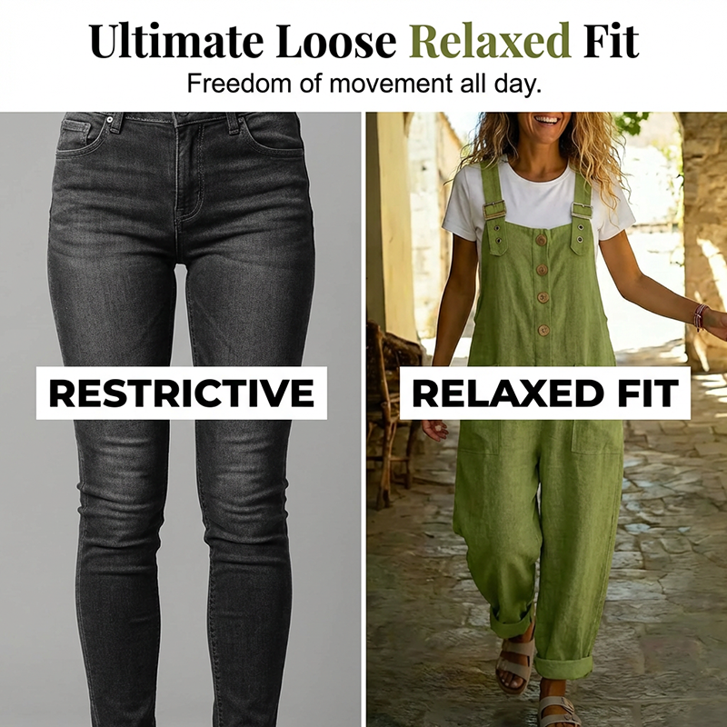 👖Lässige Damen-Latzhose mit Knopfleiste – Verstellbare Träger, atmungsaktives Material & bequeme Passform ✨