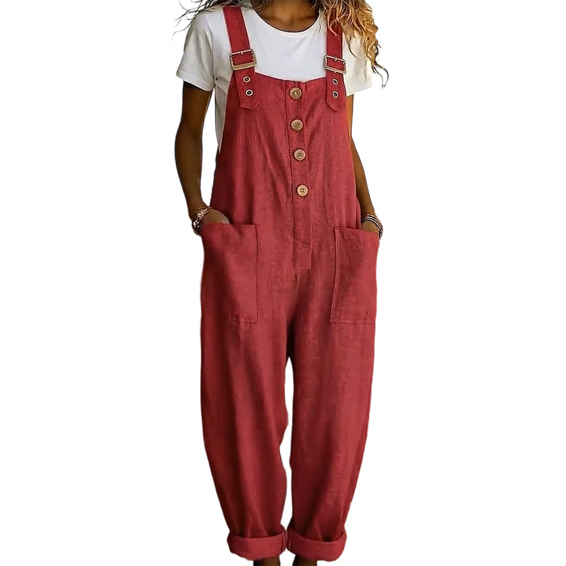 👖Lässige Damen-Latzhose mit Knopfleiste – Verstellbare Träger, atmungsaktives Material & bequeme Passform ✨