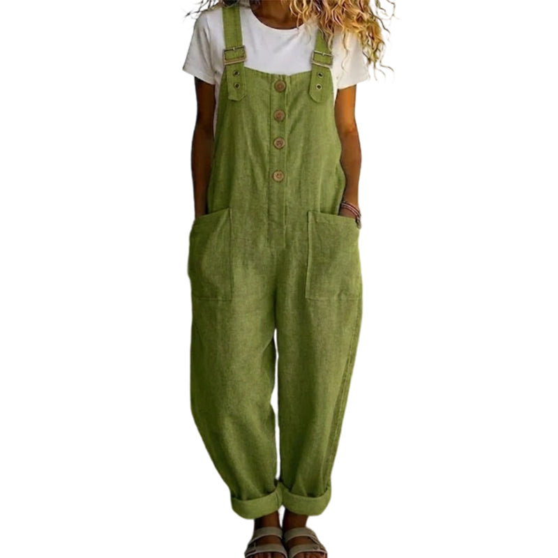 👖Lässige Damen-Latzhose mit Knopfleiste – Verstellbare Träger, atmungsaktives Material & bequeme Passform ✨