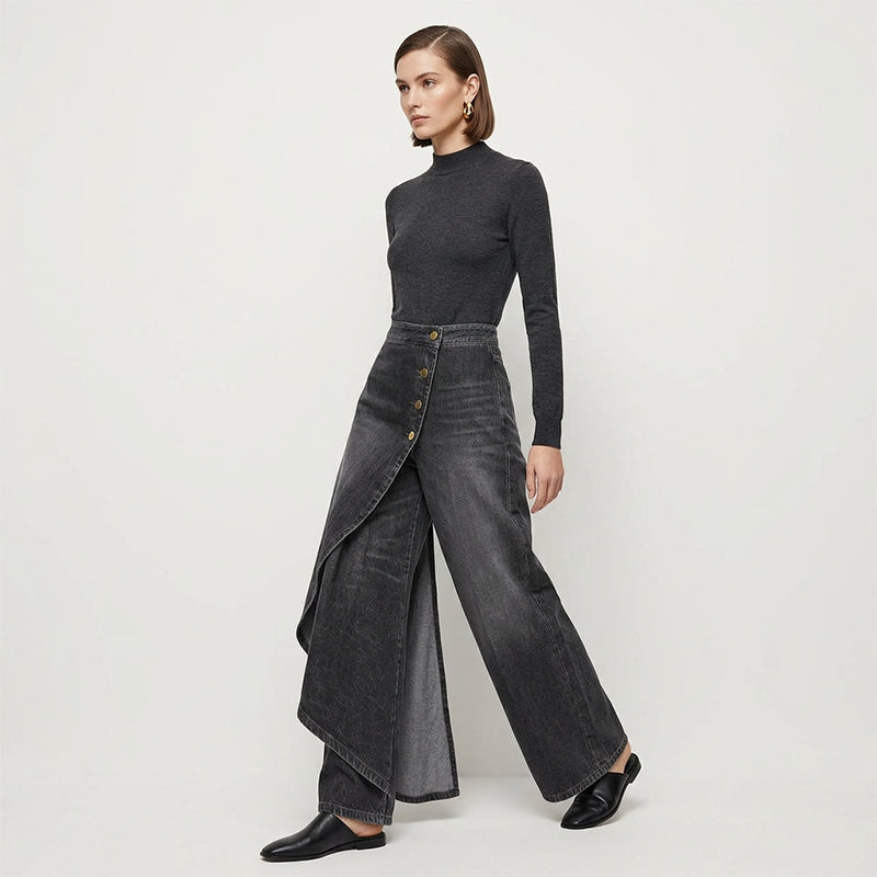 【⏰Nur noch 10 Stück – solange der Vorrat reicht】Asymmetrische Wickeljeans 👖 – trifft Culottes auf Hose. Hochgeschnitten für optisch längere Beine, weit & fließend, mit diagonalen Knöpfen. Im Handumdrehen zur Fashionista! ✨