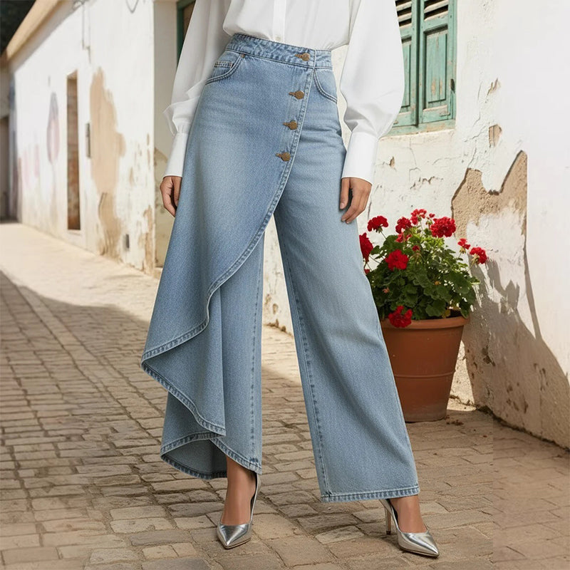 【⏰Nur noch 10 Stück – solange der Vorrat reicht】Asymmetrische Wickeljeans 👖 – trifft Culottes auf Hose. Hochgeschnitten für optisch längere Beine, weit & fließend, mit diagonalen Knöpfen. Im Handumdrehen zur Fashionista! ✨