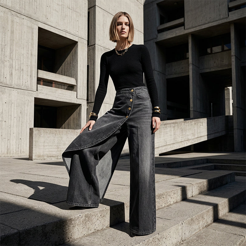 【⏰Nur noch 10 Stück – solange der Vorrat reicht】Asymmetrische Wickeljeans 👖 – trifft Culottes auf Hose. Hochgeschnitten für optisch längere Beine, weit & fließend, mit diagonalen Knöpfen. Im Handumdrehen zur Fashionista! ✨
