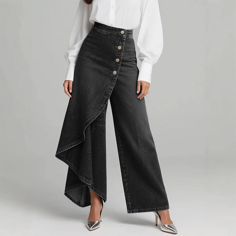 【⏰Nur noch 10 Stück – solange der Vorrat reicht】Asymmetrische Wickeljeans 👖 – trifft Culottes auf Hose. Hochgeschnitten für optisch längere Beine, weit & fließend, mit diagonalen Knöpfen. Im Handumdrehen zur Fashionista! ✨