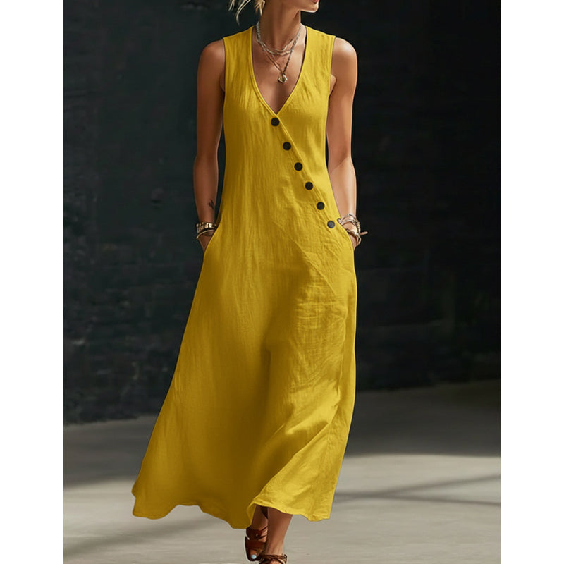 👗🔥 Zeitlich begrenzt: 50% RABATT! Ärmelloses Baumwoll-Leinen-Maxikleid – V-Ausschnitt, praktische Taschen & lässig-schicker Sommerlook 🌞