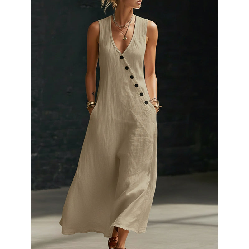 👗🔥 Zeitlich begrenzt: 50% RABATT! Ärmelloses Baumwoll-Leinen-Maxikleid – V-Ausschnitt, praktische Taschen & lässig-schicker Sommerlook 🌞
