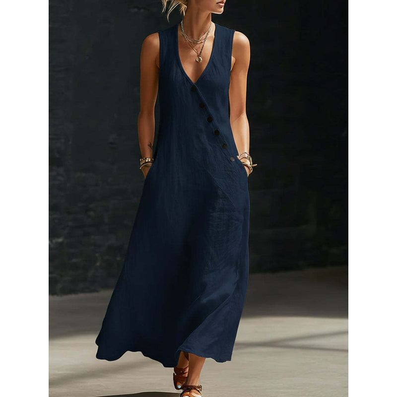 👗🔥 Zeitlich begrenzt: 50% RABATT! Ärmelloses Baumwoll-Leinen-Maxikleid – V-Ausschnitt, praktische Taschen & lässig-schicker Sommerlook 🌞