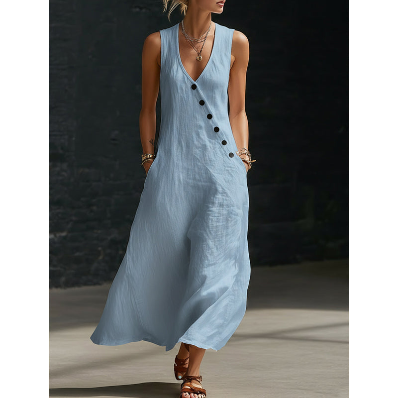 👗🔥 Zeitlich begrenzt: 50% RABATT! Ärmelloses Baumwoll-Leinen-Maxikleid – V-Ausschnitt, praktische Taschen & lässig-schicker Sommerlook 🌞