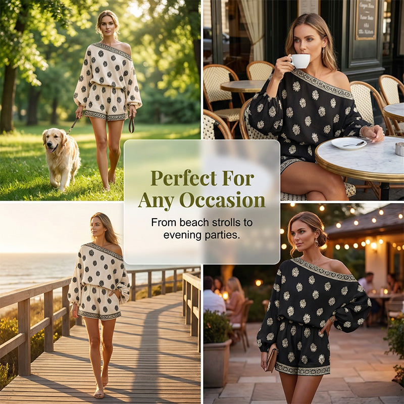 🌸 Bohème Jumpsuit-Set mit Off-Shoulder & Vintage-Print – Sommer-Traum – Fließend, luftig & perfekt für Festivals, Strand oder warme Urlaubsnächte ☀️