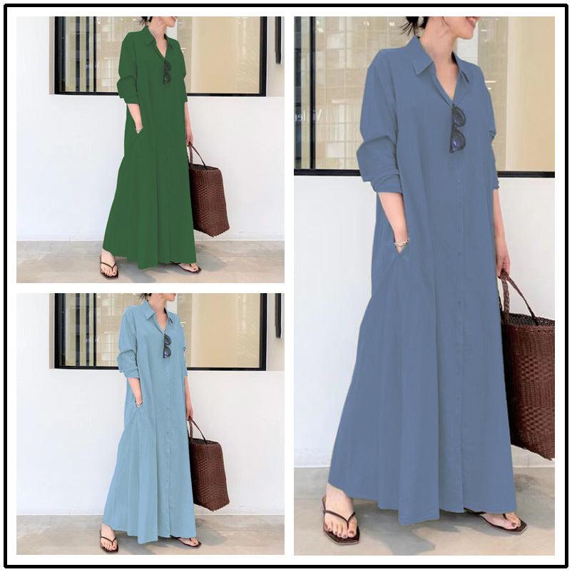 📢📢57 % RABATT!! ⏰Langes, einfarbiges, schlichtes Kleid mit langen Ärmeln