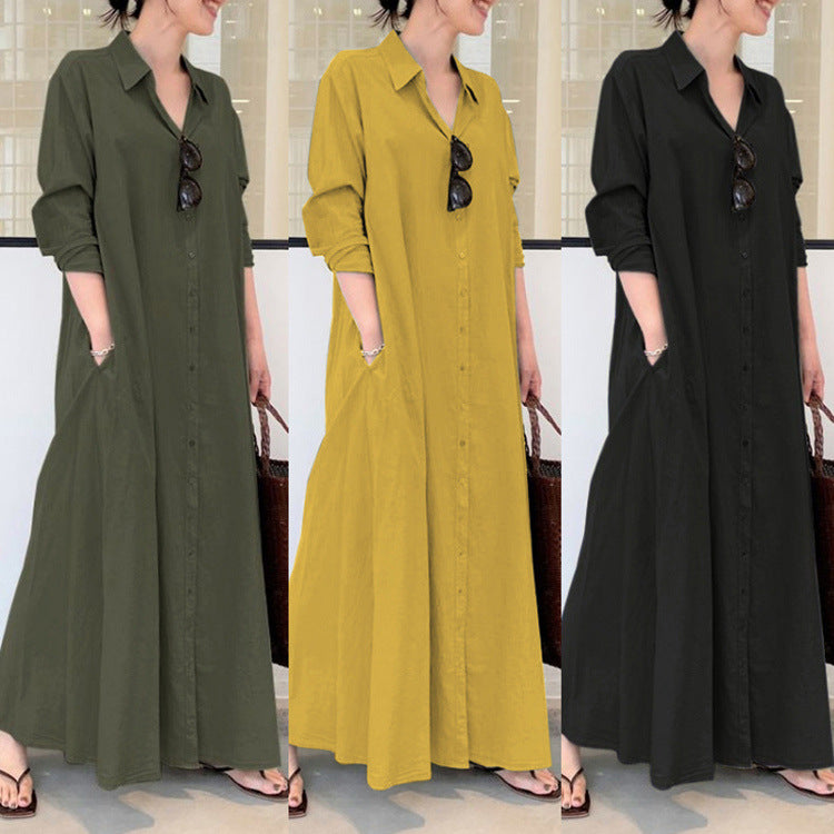 📢📢57 % RABATT!! ⏰Langes, einfarbiges, schlichtes Kleid mit langen Ärmeln