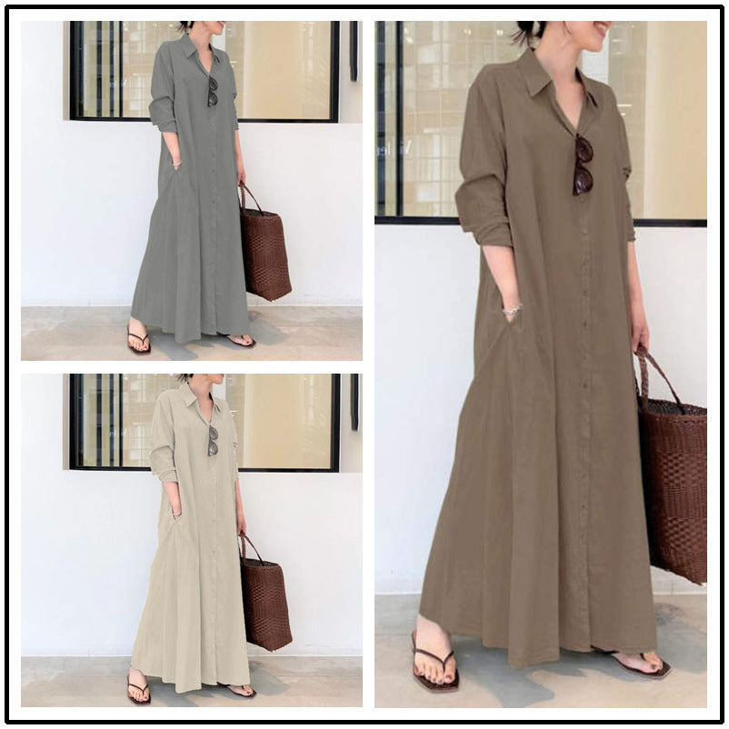 📢📢57 % RABATT!! ⏰Langes, einfarbiges, schlichtes Kleid mit langen Ärmeln