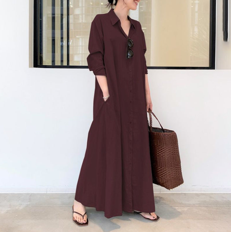 📢📢57 % RABATT!! ⏰Langes, einfarbiges, schlichtes Kleid mit langen Ärmeln