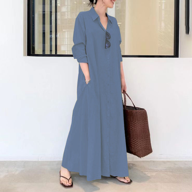 📢📢57 % RABATT!! ⏰Langes, einfarbiges, schlichtes Kleid mit langen Ärmeln