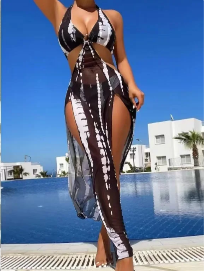 ⏰ Nur noch heute limitierter 55% Rabatt! 👙 2-teiliges Bikini-Set mit transparentem Strand-Maxirock, Ring-Detail am Halsausschnitt, elastischer Stoff, trendiger Schwarz-Weiß Batik Print für Pool, Strand & Sommerurlaub ✨