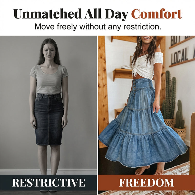 💙 50% RABATT+Versandkostenfrei! 👗 Damen Hochbund Stufenrock A-Linie Denim Maxirock – Figurumschmeichelnd, müheloser Chic & perfekt für jeden Tag 🌿