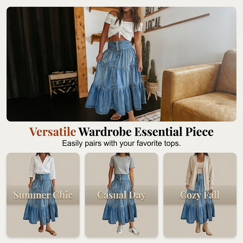 💙 50% RABATT+Versandkostenfrei! 👗 Damen Hochbund Stufenrock A-Linie Denim Maxirock – Figurumschmeichelnd, müheloser Chic & perfekt für jeden Tag 🌿