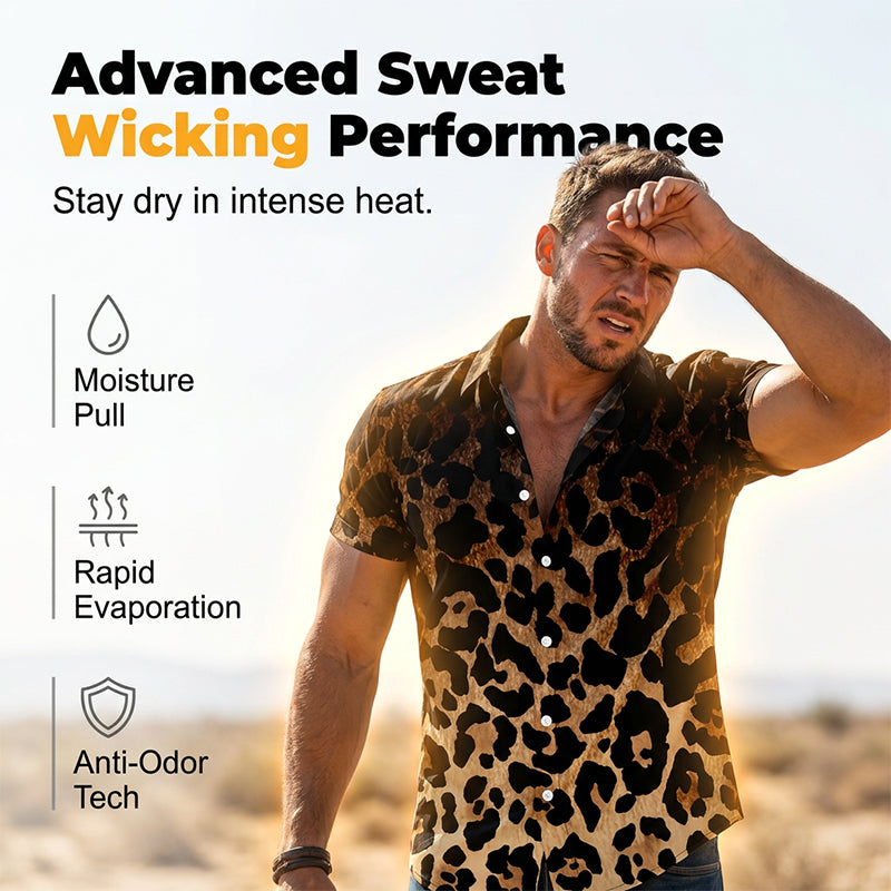 ✨Sommer-Sonderangebot 50% RABATT!❤️‍🔥Herren Kurzarmhemd Leopardenmuster Knopfleiste Schwarz Polyester Sommershirt