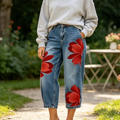👖🤍Damen Weite Jeans mit Künstlerischer Blumenapplikation