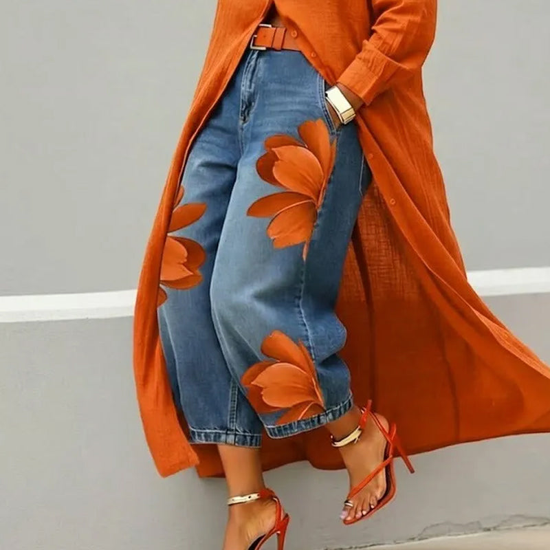 👖🤍Damen Weite Jeans mit Künstlerischer Blumenapplikation
