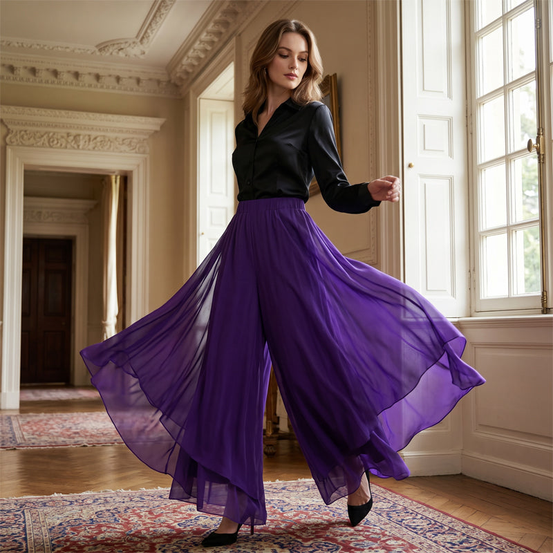👖 LIMITIERTES ANGEBOT 50% RABATT! 🌸 Damen Chiffon-Hose mit weitem Bein & asymmetrischem Saum – Hose-Rock-Hybrid, Leicht, Elegant ✨