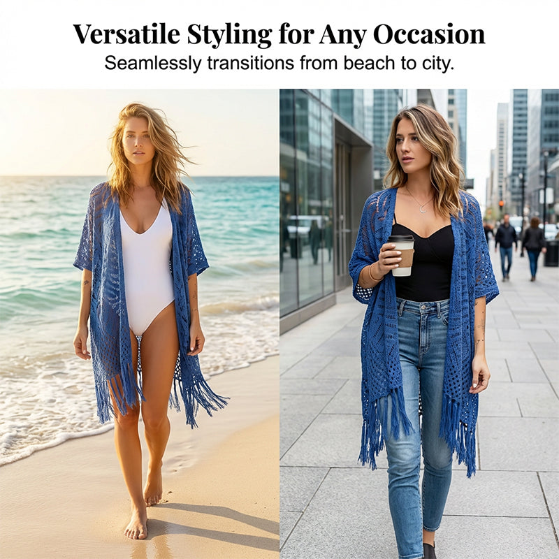 🧥 50% RABATT! ✨💙 💙 Boho Strick Cardigan mit Fransen ✨ Damen durchscheinender Lochstrick Überwurf | atmungsaktiver Sommer Strickjacke für Alltag & Abendoutfit
