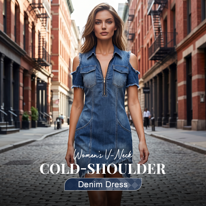 👖 NUR FÜR BEGRENZTE ZEIT: 40 % RABATT! ✨ Damen-Jeanskleid mit freien Schultern – V-Ausschnitt, fließend, Boho-Stil 🌼