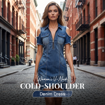 👖 NUR FÜR BEGRENZTE ZEIT: 40 % RABATT! ✨ Damen-Jeanskleid mit freien Schultern – V-Ausschnitt, fließend, Boho-Stil 🌼