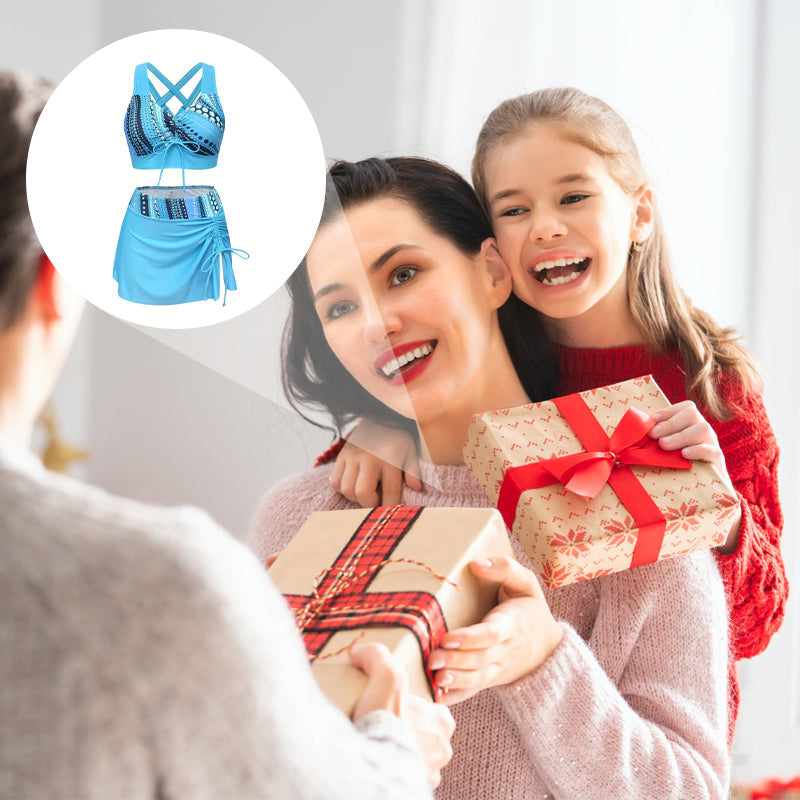 ⏰ 50 % RABATT – Nur für kurze Zeit ✨🌊 3-teiliger Bedruckter Badeanzug für Damen – V-Ausschnitt, Kordelzug & überkreuzter Rücken, modisch & bequem 🌺