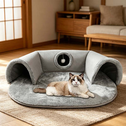 🐱 Plüsch-Katzenbett mit Tunnel 🛤️｜2-in-1 Katzenhaus