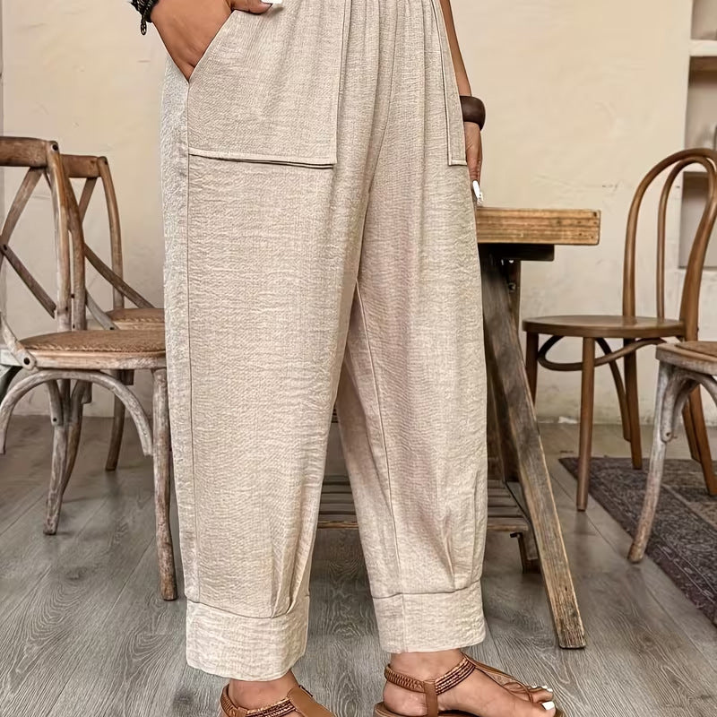 👖 50% RABATT! 🌾 Damen Leinen-Optik Freizeithose – Elastischer Bund, lockerer Schnitt & Taschen – Super bequem für Alltag, Reisen oder warme Tage – stilvoll & leicht 🤍✨