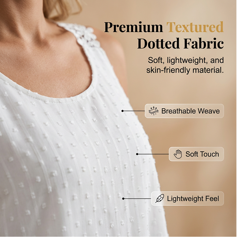 👕✨ 50% RABATT – NUR FÜR KURZE ZEIT! Elegantes Tanktop mit Spitzen-Trägern und Punktmuster – Lässig, feminin & perfekt für Sommer & Alltag ✨