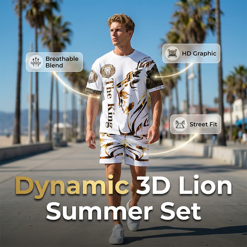 👕 50% RABATT! 🦁 2-teiliges Freizeit-Set für Herren – Mit Löwen-Print & atmungsaktivem Oberteil – Bequeme Shorts, vielseitig für Sommer, Strand oder Alltag – lässiger 2-in-1 Look ☀️✨