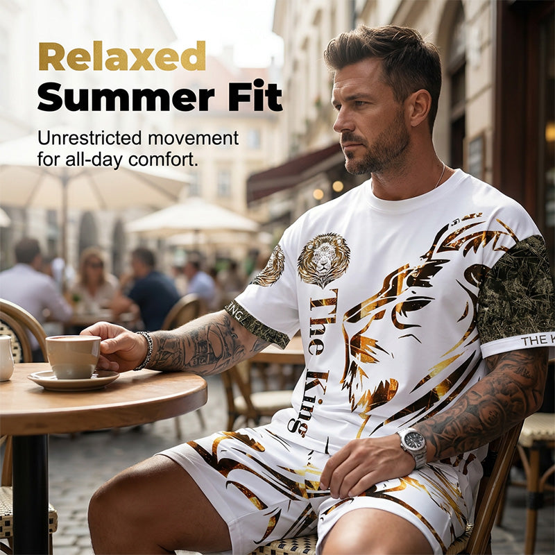👕 50% RABATT! 🦁 2-teiliges Freizeit-Set für Herren – Mit Löwen-Print & atmungsaktivem Oberteil – Bequeme Shorts, vielseitig für Sommer, Strand oder Alltag – lässiger 2-in-1 Look ☀️✨