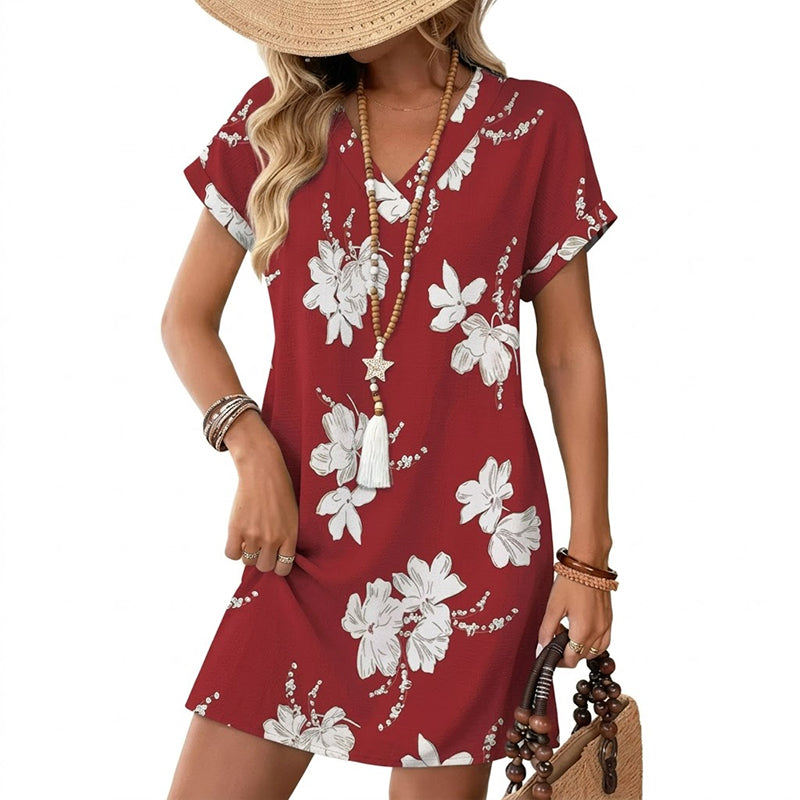 📢Mid-Season Sale: −50% nur für kurze Zeit⏰👗 Bedrucktes Sommerkleid mit V-Ausschnitt – lockere Passform, kurze Ärmel, leicht & bequem für Alltag, Strand & Reisen 🌸☀️