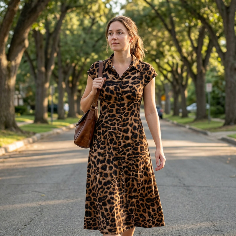 👗🐆 55% RABATT! Elegantes Damen-Kleid mit Leopardenprint & Reverskragen – Stilvoll, figurbetont & perfekt für Büro, Dinner & besondere Anlässe ✨